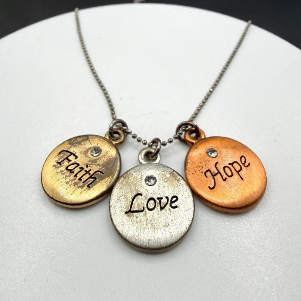 Faith Love Hope Rhinestone Charm Pendant Necklace Mixed Metal Inspirational Gift